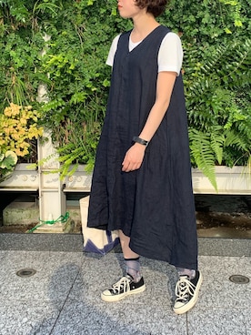 「靴下屋（クツシタヤ）の靴下屋/ シアーラメドライフラワー柄ショートソックス（Socks、ブルー系）」を使った、miiii13さん（レディース・158cm）の夏コーディネート
