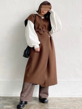 「select MOCA（セレクトモカ）のオーバーサイズロングベスト（ベスト）」を使った、tarouさん（レディース・154cm）の冬コーディネート
