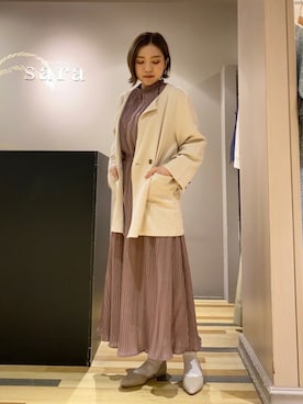 「プリーツ」｜「アイテム（ノーカラージャケット）」を使った、ゆいさん（レディース・156cm）の春コーディネート