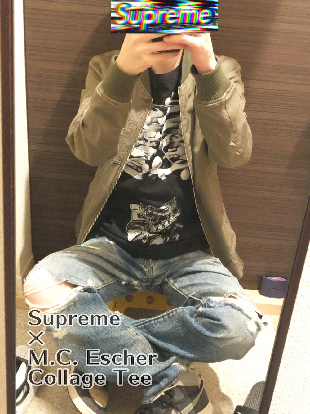 「秋冬コーデ、秋のコーデ、ストリート、カジュアル、スニーカー、デニムパンツ、501、supreme、m.c.escher、MA-1」｜「Levi'sのLEVI''S VINTAGE CLOTHING/リーバイスヴィンテージクロージング　1947 501 JEANS（デニムパンツ、ブルー系）」を使った、しょさん（メンズ・169cm）の秋コーディネートの1枚目の写真