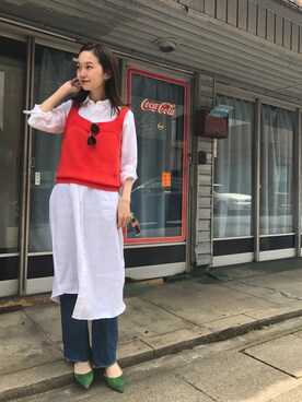 「ニットキャミソール」｜「アイテム（シャツワンピース）」を使った、mioさん（レディース・166cm）の春コーディネート