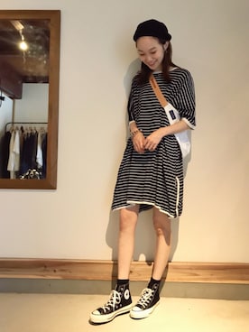「BEAMS BOY（ビームスボーイ）のアイテム（ハンチング/ベレー帽）」を使った、mioさん（レディース・166cm）の夏コーディネート