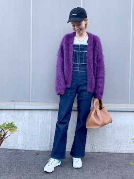 「モヘアカーディガン」｜「アイテム（オールインワン・サロペット）」を使った、mioさん（レディース・166cm）の秋コーディネート