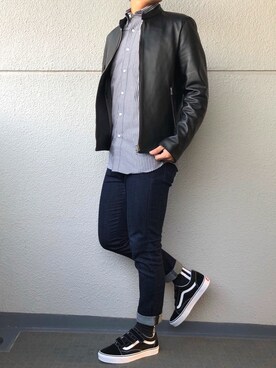 「オールドスクール」｜「アイテム（ライダースジャケット）」を使った、eeemmm【62kg】さん（メンズ・169cm）の冬コーディネート