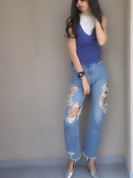 「WEGO（ウィゴー）のアイテム（トップス、ブルー系）」を使った、桧山えり梛さん（レディース・175cm）の夏コーディネート