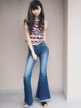 「WEGO（ウィゴー）のWEGO/ウッドタイプサンダル（サンダル、ブラック系）」を使った、桧山えり梛さん（レディース・175cm）の夏コーディネート