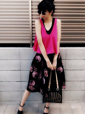 「SHOPLISTのアイテム（Tシャツ/カットソー、ピンク系）」を使った、桧山えり梛さん（レディース・175cm）の夏コーディネート