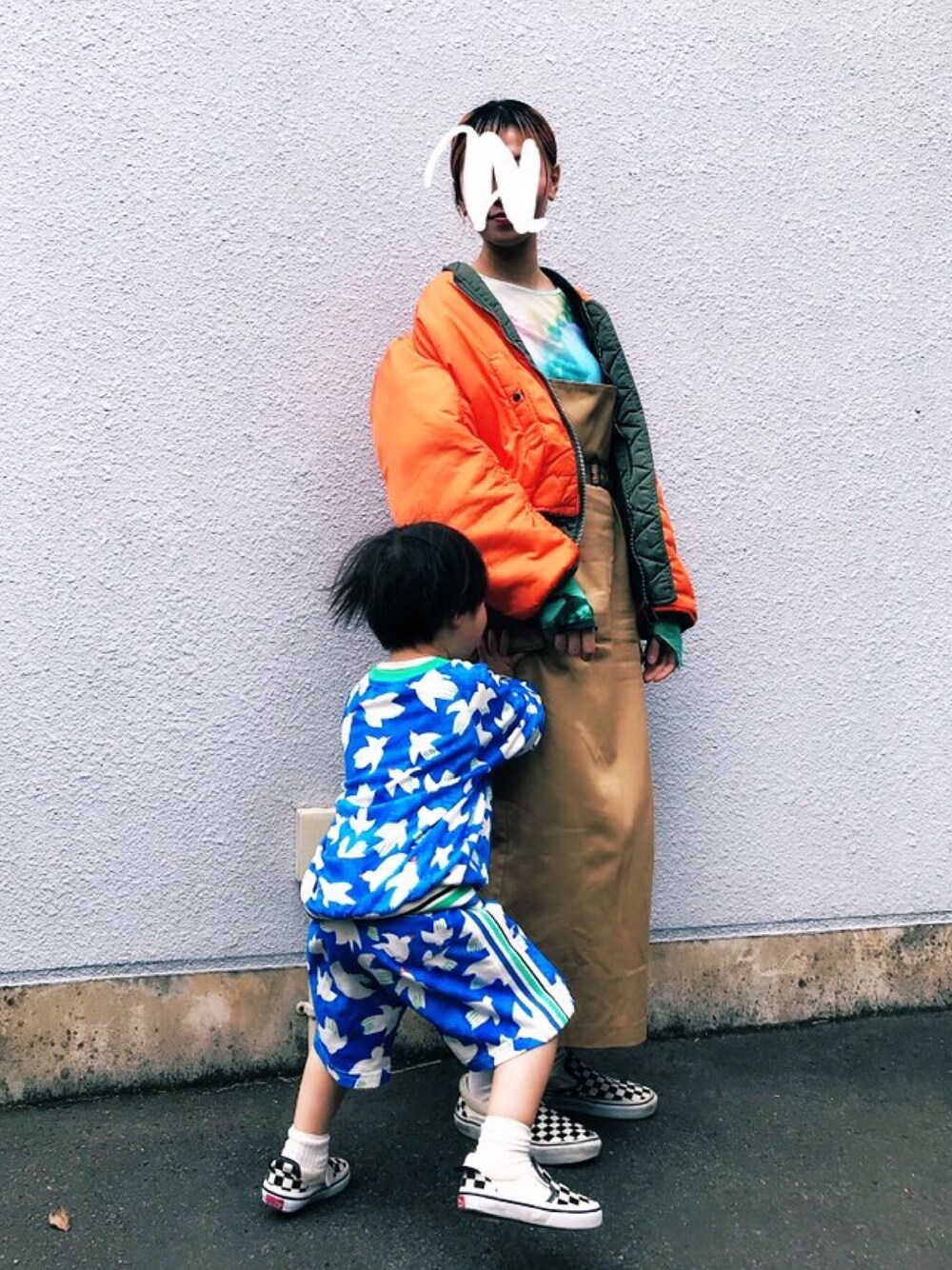 「2歳男の子、2歳8ヶ月、noe&zoe、Littlesuzie、MA-1、裏返し、maisonspecial」｜「VINTAGEのアイテム（MA-1、グリーン系）」を使った、Chinkkarinさん（レディース・165cm）の春コーディネートの1枚目の写真