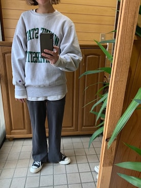 「ワッフルクルーネックＴ」｜「アイテム（スウェット）」を使った、uk ☻ ukさん（レディース・160cm）の秋コーディネート