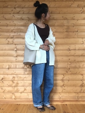 「Chaco closet（チャコ クローゼット）のケーブル編みニットボリュームスリーブルーズカーディガン（カーディガン/ボレロ）」を使った、yukariさん（レディース・168cm）の秋コーディネート