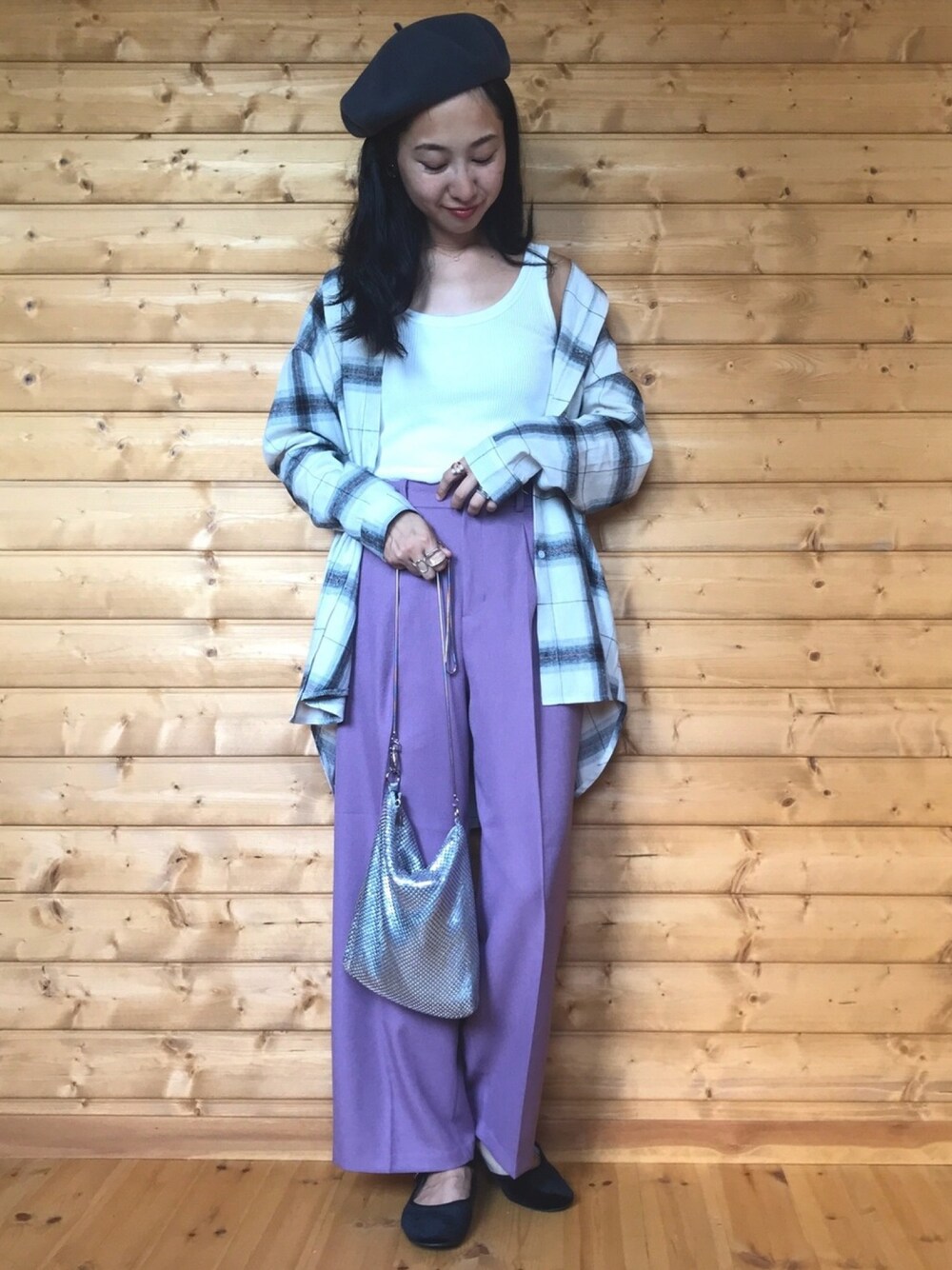 「チェック柄に恋してる、LIPSTAR、リップスター、ロレール、LAULHERE 、PR、カラーパンツ、ベレー帽、anq.」｜「LIPSTARのビエラチェックチュニックシャツ（シャツ/ブラウス、ホワイト系）」を使った、yukariさん（レディース・168cm）の秋コーディネートの1枚目の写真