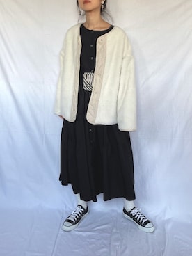 「Libra Cue（リブラ キュー）のティアードエアリーボリュームワンピース（ワンピース）」を使った、yukariさん（レディース・168cm）の冬コーディネート