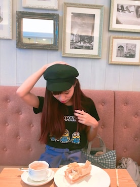 「カフェ」｜「アイテム（ハンチング/ベレー帽）」を使った、mayukaさん（レディース・157cm）の夏コーディネート