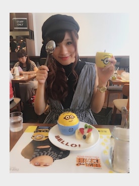 「カフェ」｜「アイテム（ハンチング/ベレー帽）」を使った、mayukaさん（レディース・157cm）の夏コーディネート