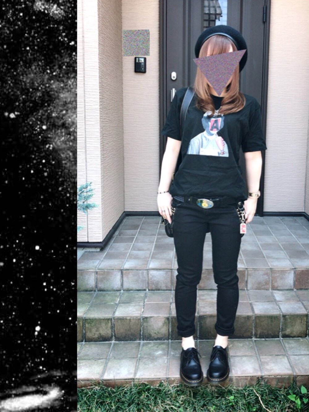 「Vivienne Westwood、オールブラック、ロールアップ、キャンスパ、ロック、Dr.Martens、ショッピング」｜「earth music&ecologyの【広瀬すずさんCM着用】 ウールベレー（ハンチング/ベレー帽、ブラック系）」を使った、ラメさん（レディース・155cm）の春コーディネートの1枚目の写真