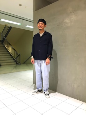 「BEAUTY&YOUTH UNITED ARROWS（ビューティーアンドユースユナイテッドアローズ）のBY レーヨン オープンカラー シャツ（シャツ/ブラウス、ブルー系）」を使った、Daiki Yamamotoさん（メンズ・177cm）の春コーディネート