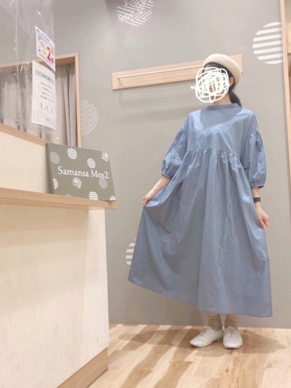 「サマンサ モスモス(Samansa Mos2)、Samansa Mos2、ワンピース、ベレー帽、ガーリー、ナチュラル、シンプル、おしゃれさんと繋がりたい、いいね&フォロー よろしくお願いします☺︎」｜「Samansa Mos2のアイテム（ワンピース/ドレス、ブルー系）」を使った、344.☺︎さん（レディース・160cm）の春コーディネートの1枚目の写真