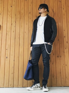 「Ron Herman（ロン ハーマン）のアイテム（スタジャン）」を使った、棚橋弘至さん（メンズ・181cm）の秋コーディネート