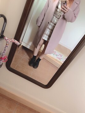 「GU（ジーユー）のアイテム（チェスターコート、ピンク系）」を使った、わーさん（レディース・147cm）の冬コーディネート