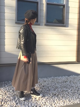 「ライタースジャケット」｜「アイテム（ハンチング/ベレー帽）」を使った、nanさん（レディース・155cm）の秋コーディネート
