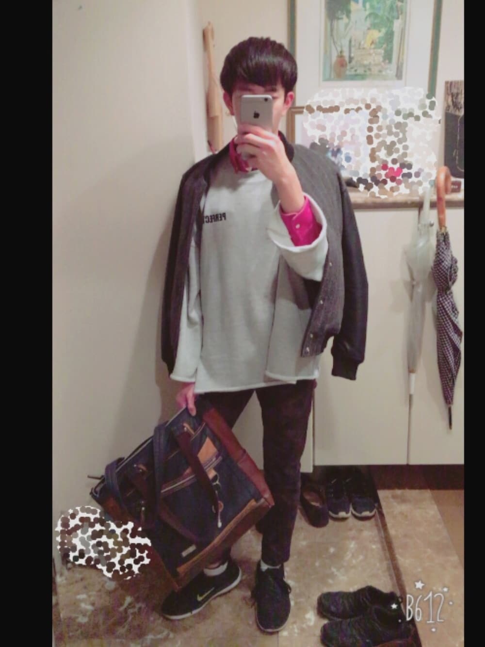 「シンプルコーデ、きれいめカジュアル、ビッグシルエット、冬、perfect、スウェット、中学生、中学生男子」｜「CIAOPANIC TYPYの起毛フランネルボタンダウン（シャツ/ブラウス、レッド系）」を使った、Koseさん（メンズ・172cm）の冬コーディネートの1枚目の写真