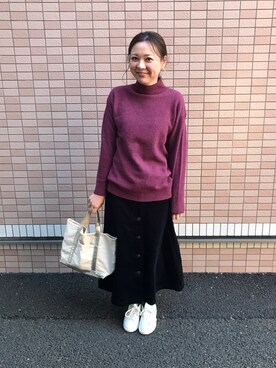 「UNIQLO（ユニクロ）のプレミアムラムハイネックチュニック（長袖）（ニット/セーター、パープル系）」を使った、かおちゃんさん（レディース・163cm）の秋コーディネート