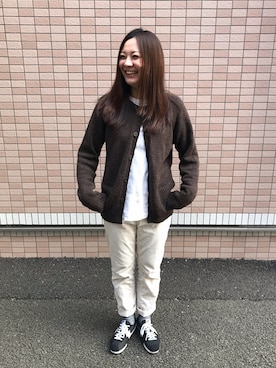 「無印良品（ムジルシリョウヒン）のアイテム（カーディガン/ボレロ、ブラウン系）」を使った、かおちゃんさん（レディース・163cm）の冬コーディネート