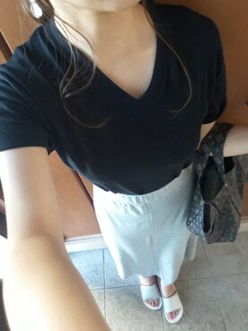 「UNIQLO（ユニクロ）のMEN ドライカラーVネックT（半袖）A（Tシャツ/カットソー、ブラック系）」を使った、☆あーみー☆さん（レディース・156cm）の夏コーディネート