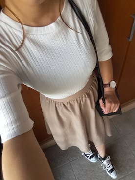 「UNIQLO（ユニクロ）のリブボートネックT（5分袖）（Tシャツ/カットソー、ホワイト系）」を使った、☆あーみー☆さん（レディース・156cm）の秋コーディネート