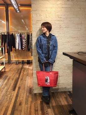 「アイテム（トートバッグ、レッド系）」を使った、つぼねさん（レディース・153cm）の春コーディネート