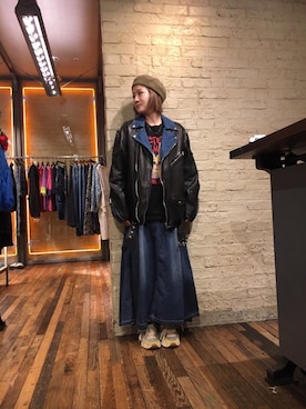 「バックプリント」｜「アイテム（ライダースジャケット）」を使った、つぼねさん（レディース・153cm）の秋コーディネート