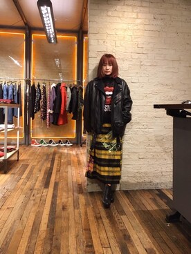 「コラボレーション」｜「アイテム（ライダースジャケット）」を使った、つぼねさん（レディース・153cm）の冬コーディネート