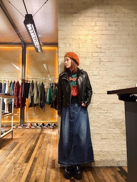 「レザーコーデ」｜「アイテム（ハンチング/ベレー帽）」を使った、つぼねさん（レディース・153cm）の冬コーディネート
