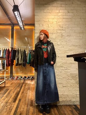 「レザーコーデ」｜「アイテム（ハンチング/ベレー帽）」を使った、つぼねさん（レディース・153cm）の春コーディネート