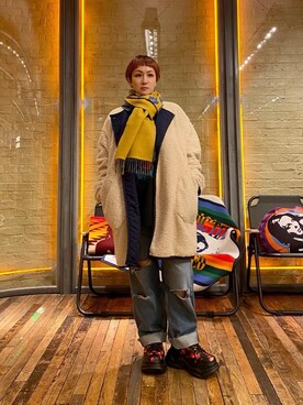「HYSTERIC GLAMOUR（ヒステリックグラマー）のアイテム（ノーカラーコート）」を使った、つぼねさん（レディース・153cm）の冬コーディネート