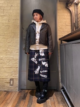 「らふこーで」｜「アイテム（ライダースジャケット）」を使った、つぼねさん（レディース・153cm）の冬コーディネート