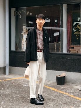 「赤チェック」｜「アイテム（その他）」を使った、sakasaさん（メンズ・180cm）の秋コーディネート