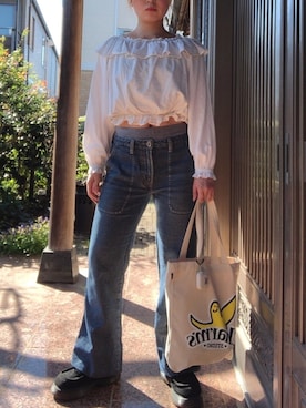 「Mark Gonzales（マーク・ゴンザレス）のアイテム（トートバッグ、ベージュ系）」を使った、nさん（レディース・155cm）の秋コーディネート