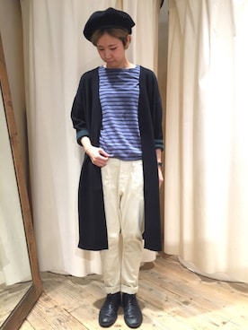 「RNA-N（アールエヌエーエヌ）のM0063 40/-マリンボーダー七分袖Tシャツ（Tシャツ/カットソー、ブルー系）」を使った、mahoさん（レディース・161cm）の秋コーディネート