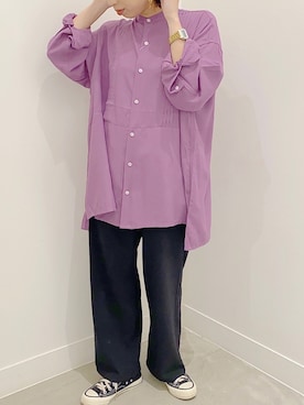 「パープル×黒」｜「アイテム（シャツ/ブラウス）」を使った、Rihoさん（レディース・155cm）の秋コーディネート