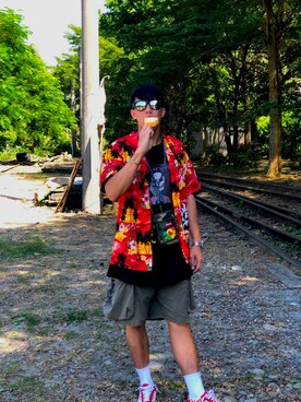 「PLEASURES（プレジャー）のアイテム（シャツ/ブラウス、レッド系）」を使った、yeung369さん（メンズ・175cm）の秋コーディネート