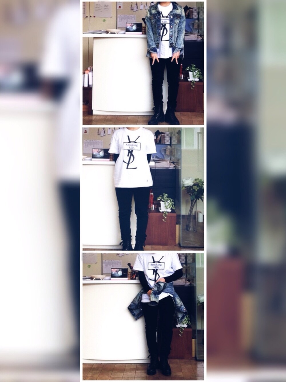 「モノトーン、パンツスタイル、ボーイッシュ、FR2、smokingkills」｜「FR2のアイテム（Tシャツ/カットソー、ホワイト系）」を使った、坂上さん（レディース・149cm）の春コーディネートの1枚目の写真