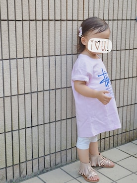 「STUSSY（ステューシー）のアイテム（Tシャツ/カットソー、ピンク系）」を使った、ouiさん（キッズ・110cm）の夏コーディネート