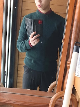 「H&M（エイチ・アンド・エム）のアイテム（ニット/セーター、グリーン系）」を使った、motimotikouchanさん（メンズ・161cm）の冬コーディネート