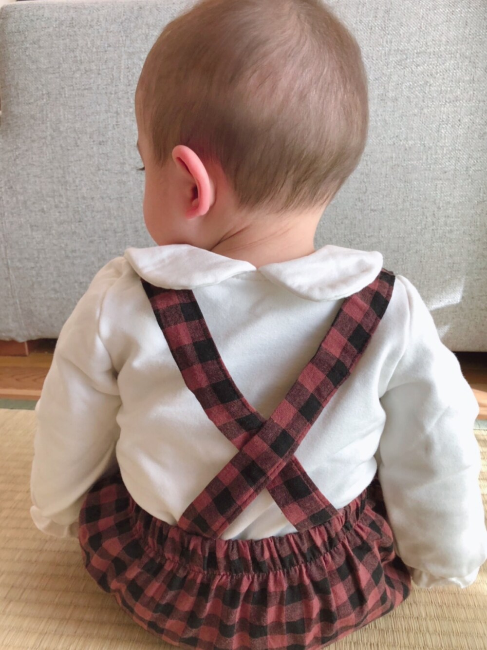 「キッズファッション、ベビーコーデ、男の子、０歳、チェック、ロンパース、赤ちゃん、おとこのこ、シンプル」｜「韓国子供服のアイテム（ロンパース、ホワイト系）」を使った、✩hm✩さん（キッズ・80cm）の冬コーディネートの1枚目の写真