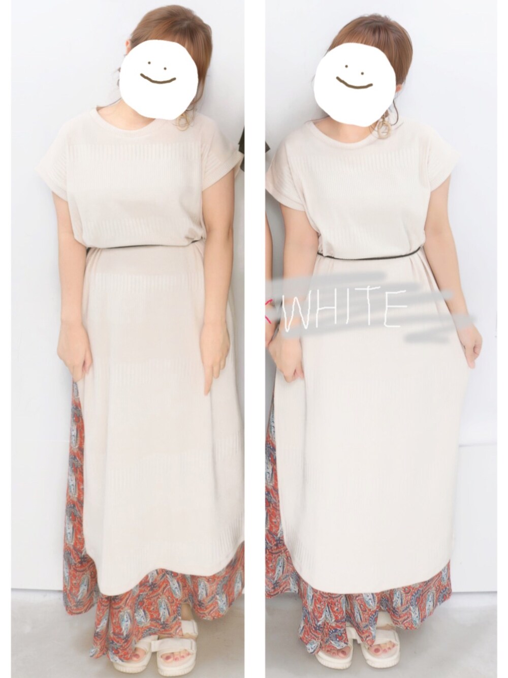 ホワイト系のワンピース、オレンジ系のスカート、ホワイト系のサンダルを着用したレディースの春コーディネートの1枚目の写真