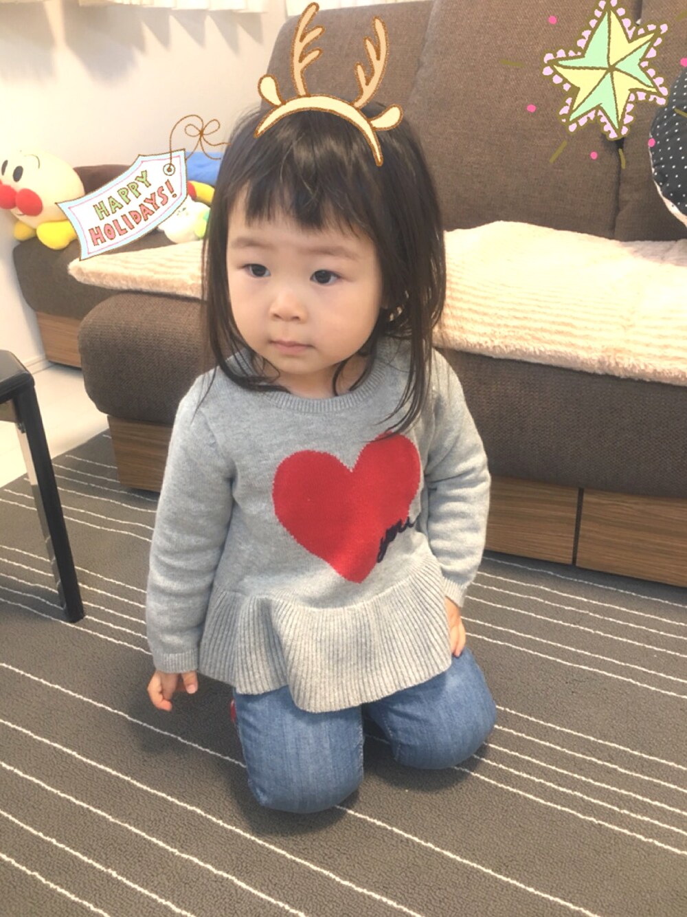 「おでかけコーデ、ニット、デニムパンツ、裏起毛パンツ、全身babygapｺ-ﾃﾞ、ハート、babygap」｜「babyGAPのアイテム（ニット/セーター、グレー系）」を使った、ｶﾘﾎﾟさん（キッズ・80cm）の冬コーディネートの1枚目の写真