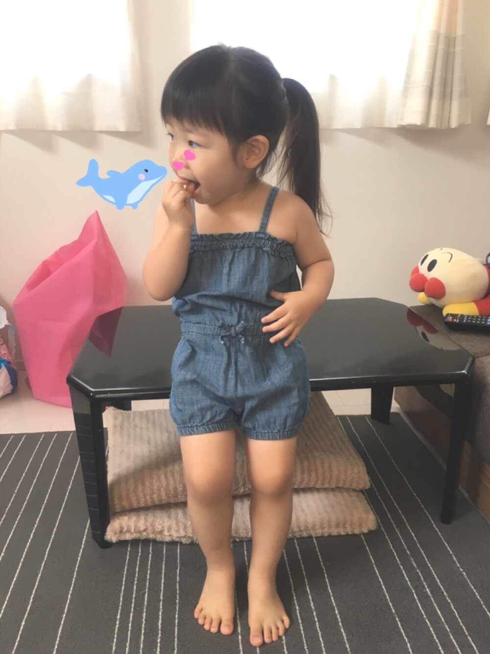 「夏コーデ、シンプル、ノースリーブ、デニム、オールインワン、青、夏、暑い、涼しいコーデ、babygap」｜「babyGAPのアイテム（つなぎ/オールインワン、ブルー系）」を使った、ｶﾘﾎﾟさん（キッズ・80cm）の夏コーディネートの1枚目の写真