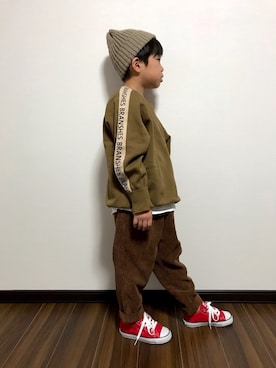 「devirock（デビロック）のアイテム（ニットキャップ/ビーニー）」を使った、あさっぴー☆さん（キッズ・110cm）の冬コーディネート