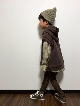 「devirock（デビロック）のアイテム（ニットキャップ/ビーニー）」を使った、あさっぴー☆さん（キッズ・110cm）の冬コーディネート